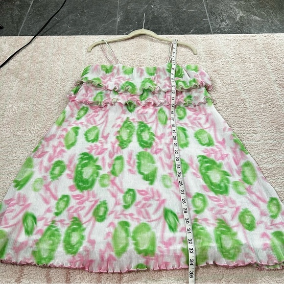 NWT Ganni Pleated Georgette Mini Dress Green Pink Floral Size 34/2 Wedding Guest - Picture 11 of 13